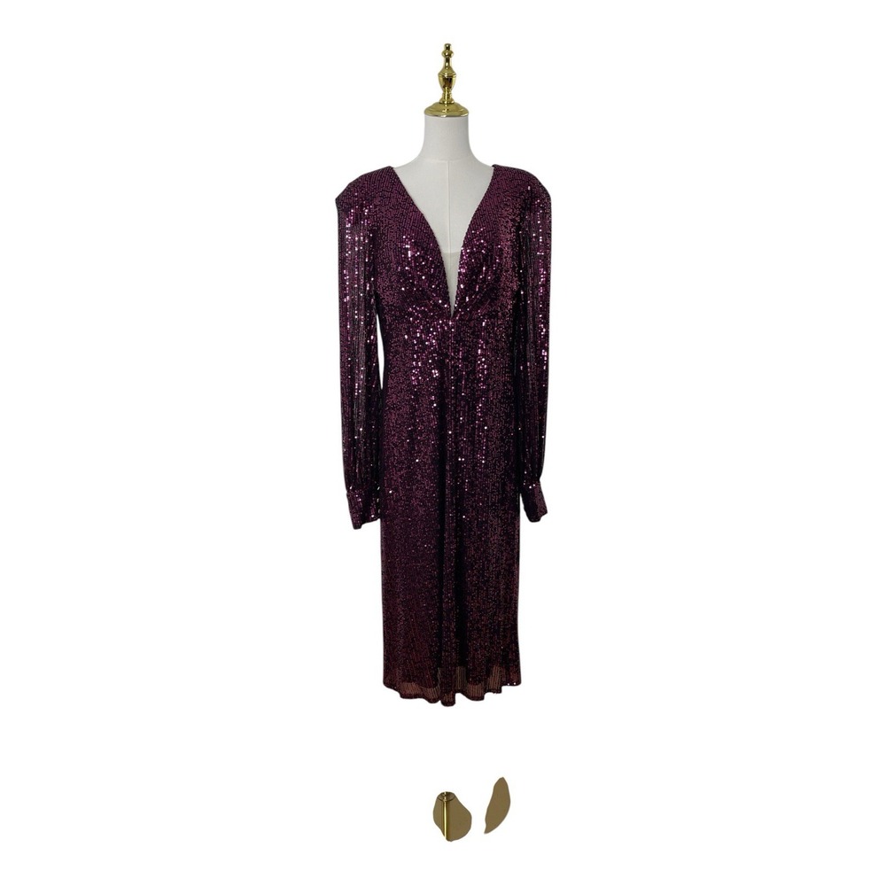 Mac Duggal 26866 Magenta Sequin Long Sleeve Plunge Midi Dress Size 12‎ $398